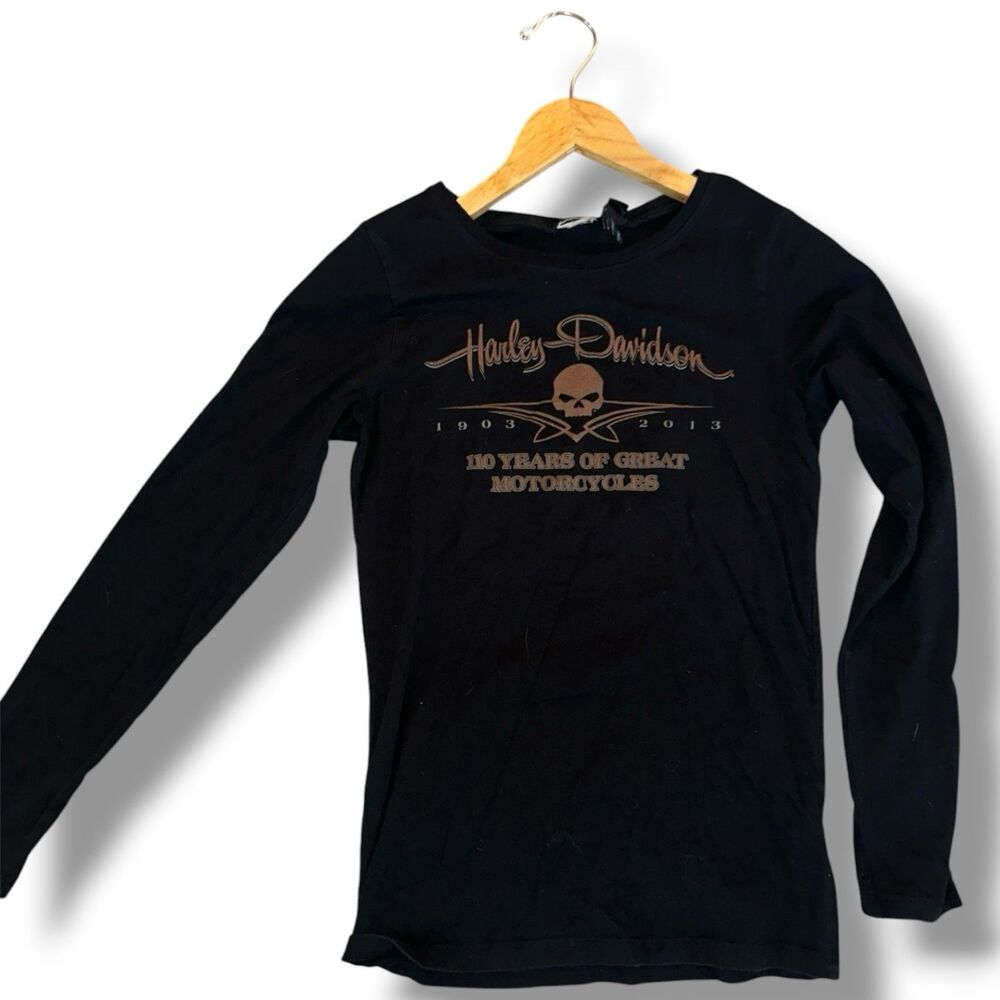 Harley Davidson 110th Anniversary Long Sleeve Black Biker Tee MED Winged Skull
